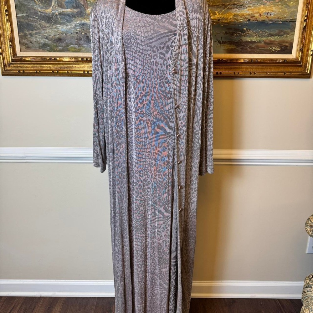 Ronni Nicole II Silver 80s Metallic Animal Print Maxi Dress & Duster Set 18W